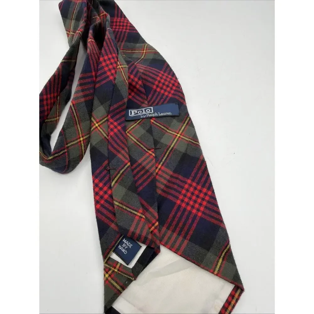 VTG Polo Ralph Lauren Red Tartan Cotton Tie w/ Logo Made in USA Preppy Old Money
